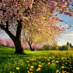 Pink Blossoms and Yellow Flowers Field