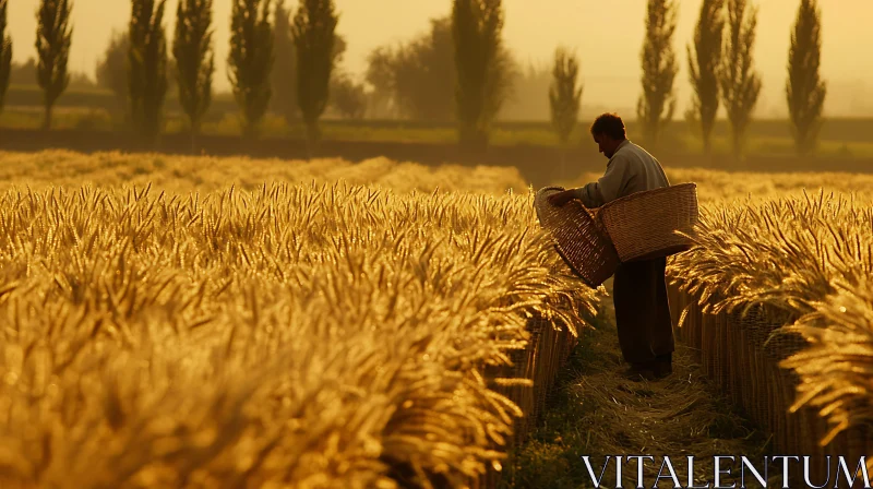 AI ART Farmer Harvesting Wheat in Golden Field