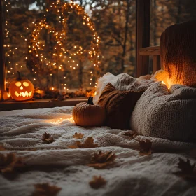 Autumnal Still Life with Pumpkins and Lights