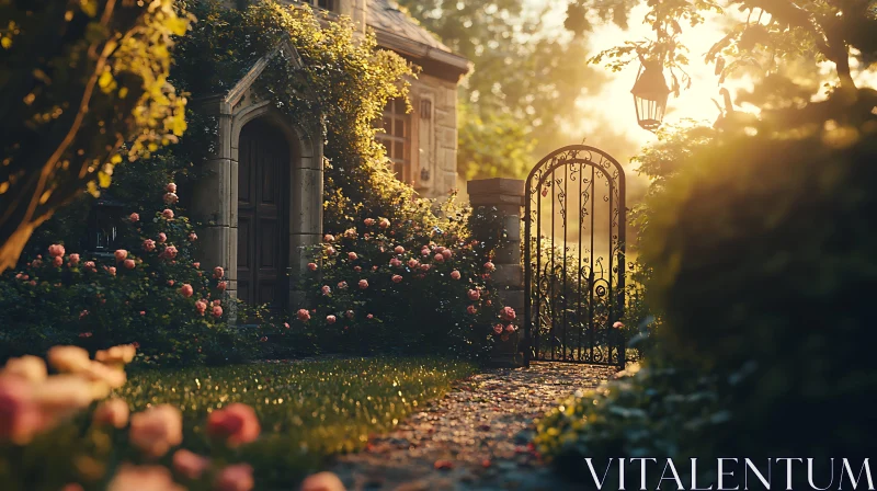 Sunlit Roses and Wrought Iron Gate AI Image