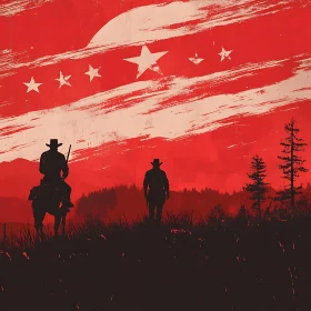 Cowboys Silhouetted by Red Sky with Stars and Stripes