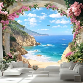 Tranquil Beach Scene Framed by Pink Flowers