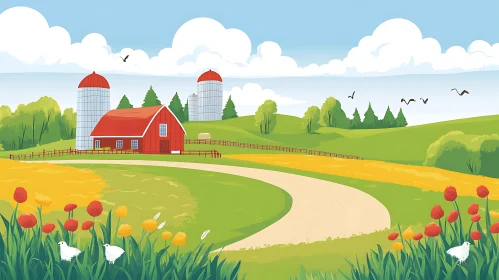 Idyllic Rural Scene with Red Barn