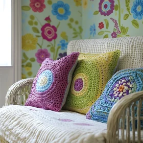 Handmade Crochet Pillows with Floral Backdrop