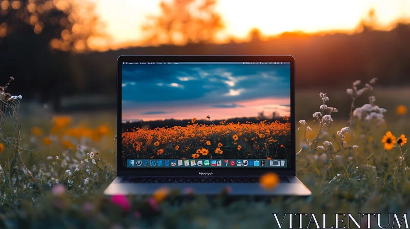 Tech Meets Nature: Sunset on Laptop Screen AI Image