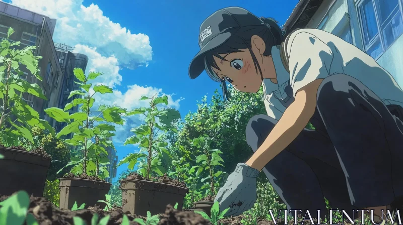 Young Woman Gardening Anime Style AI Image