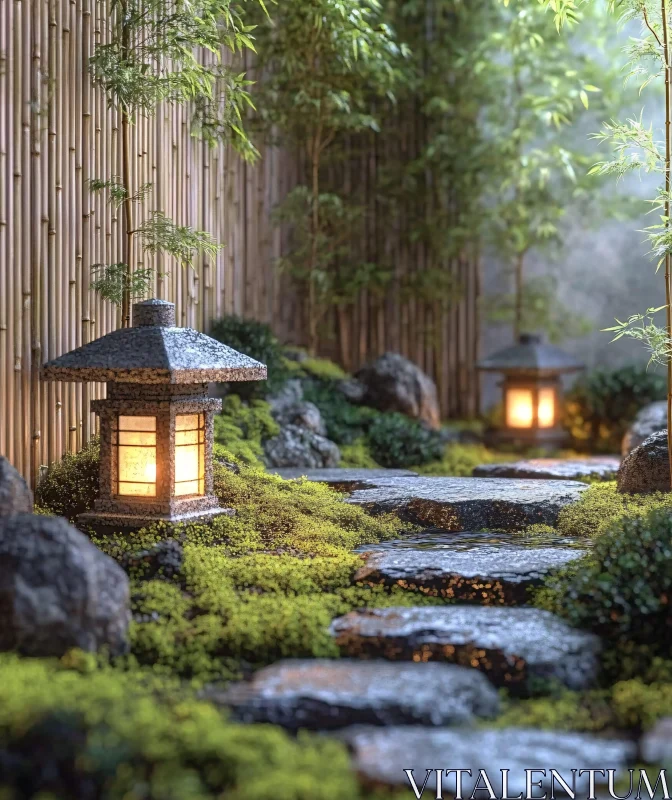 Zen Garden with Moss and Bamboo AI Image