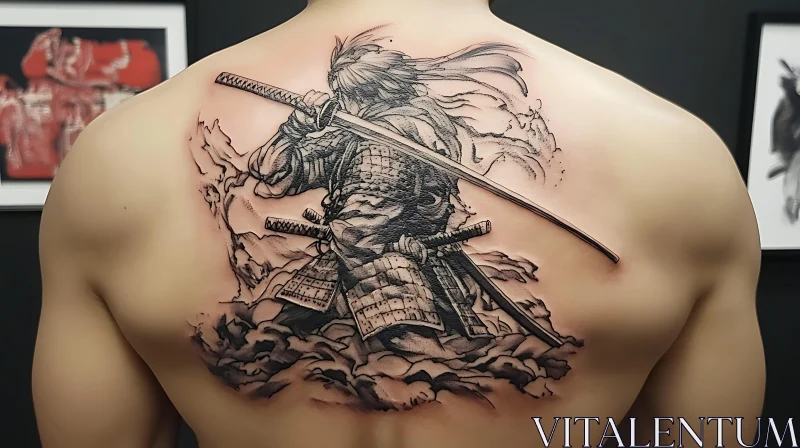 Japanese Samurai Back Tattoo with Swords AI Image