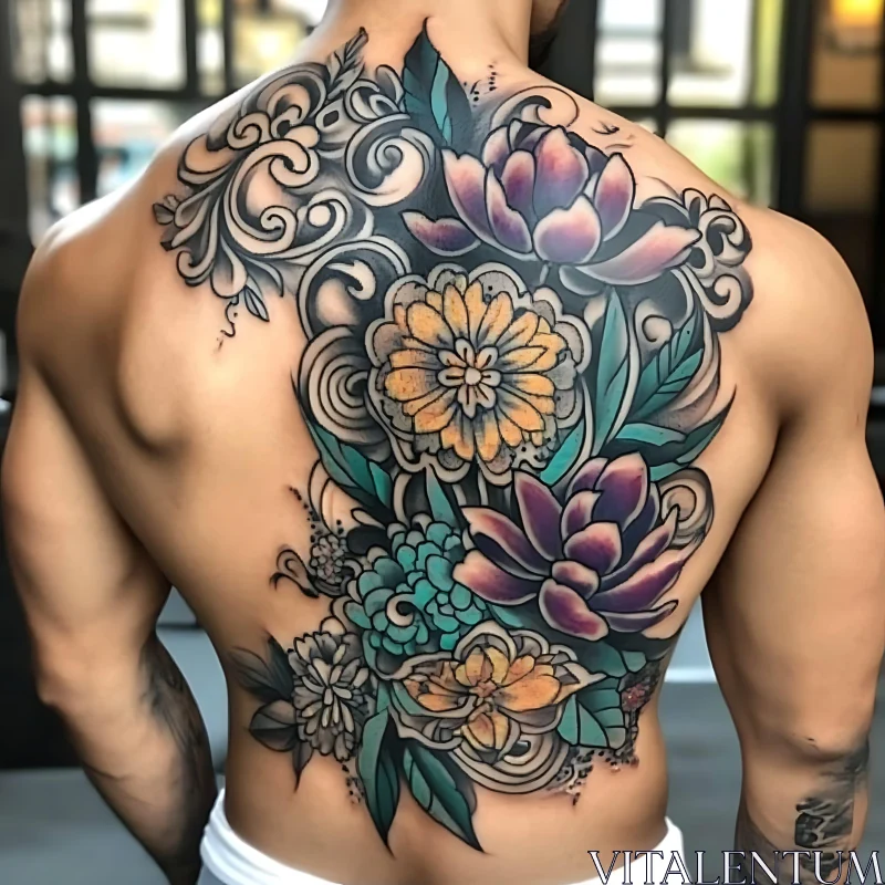 Colorful Floral Back Tattoo AI Image