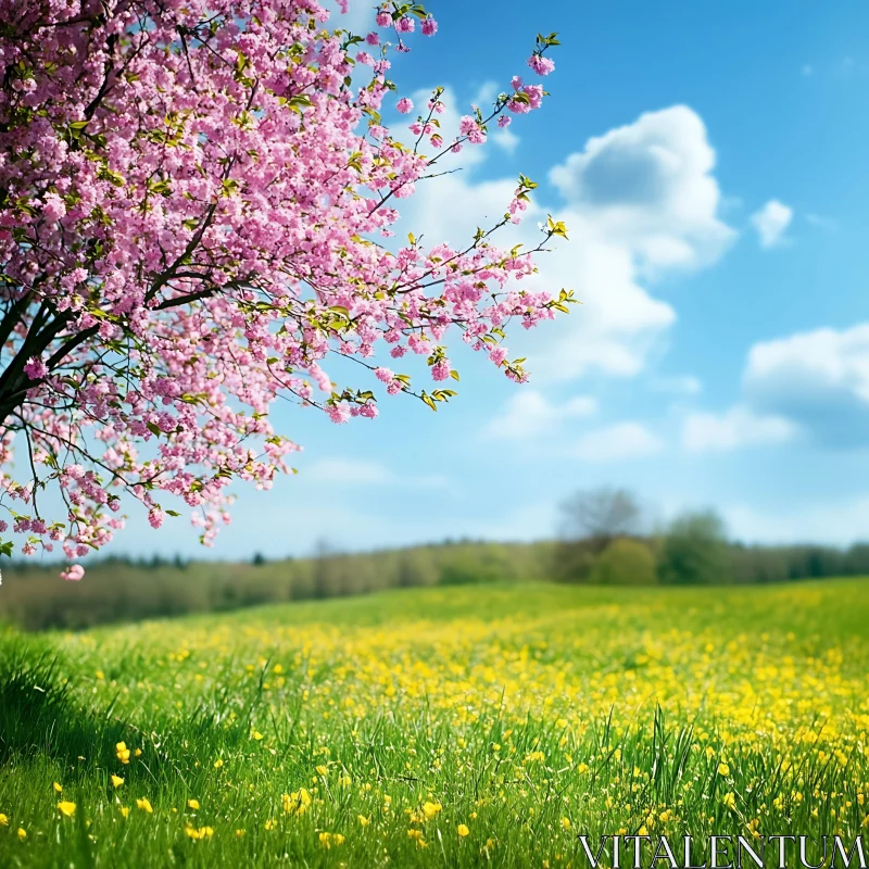 AI ART Spring Flower Field with Blossom Tree