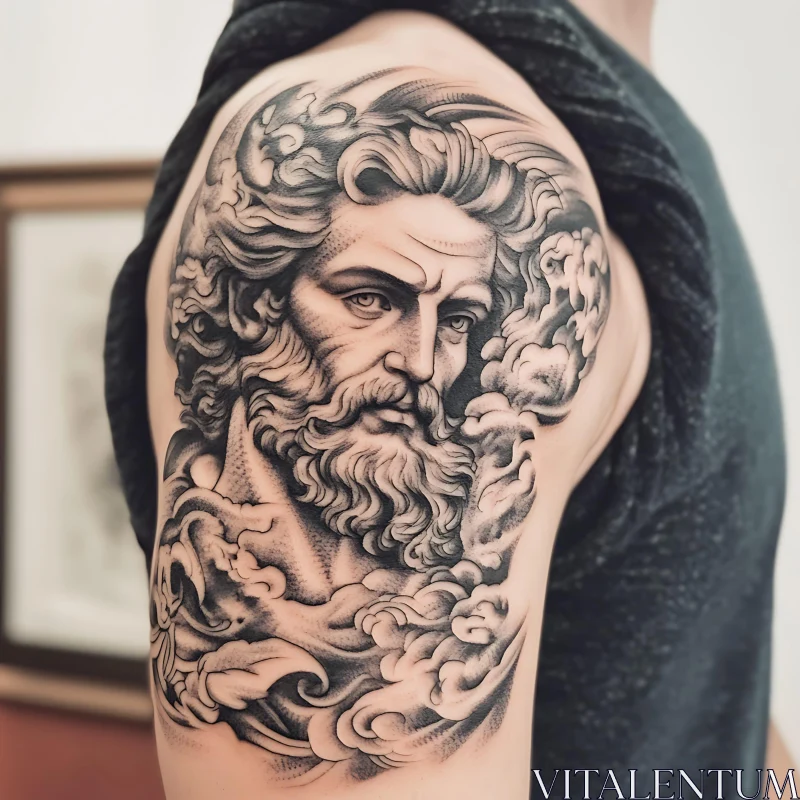 Detailed Greek God Tattoo Design on Arm AI Image