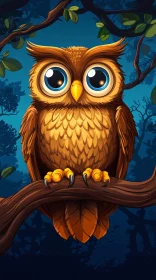 Whimsical Owl on Branch at Night