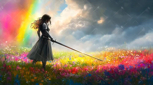 Female Knight with Sword in Meadow