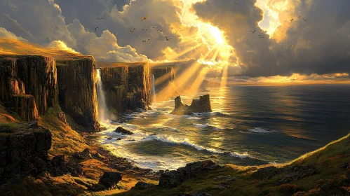 Sunlight Bursting Through Clouds Over Coastal Cliffs and Waterfall