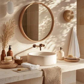 Neutral Tone Bathroom with Round Mirror