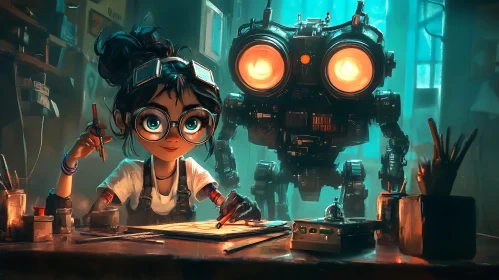 Whimsical Workshop Scene with Girl and Robot