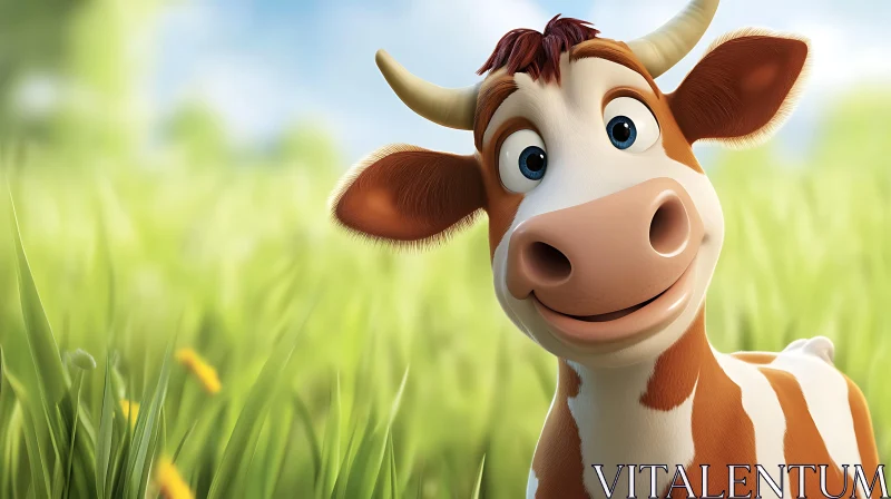 Happy Cartoon Cow in Field AI Image