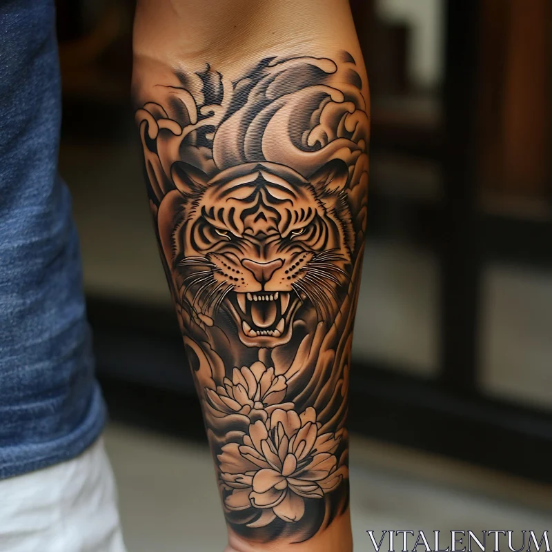 Black Ink Tiger and Flowers Tattoo AI Image