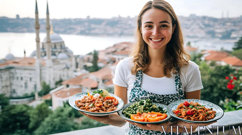 Smiling Woman with Healthy Meals Overlooking Scenic Cityscape AI Image