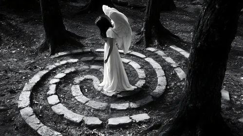 Monochrome Angel in Forest Labyrinth