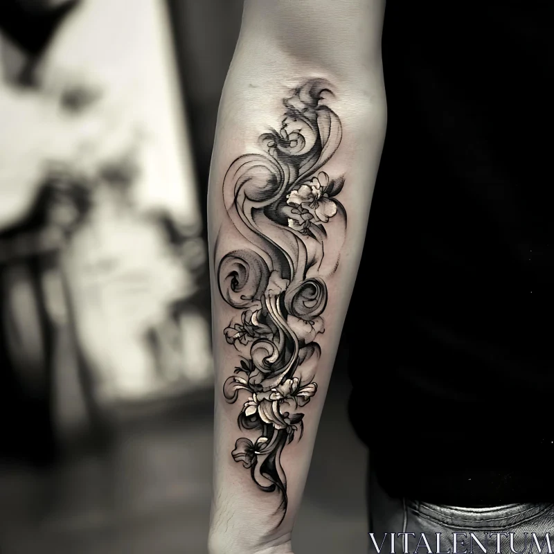 Intricate Black and Gray Floral Arm Tattoo AI Image