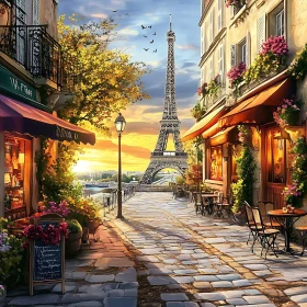 Parisian Street with Eiffel Tower at Sunset