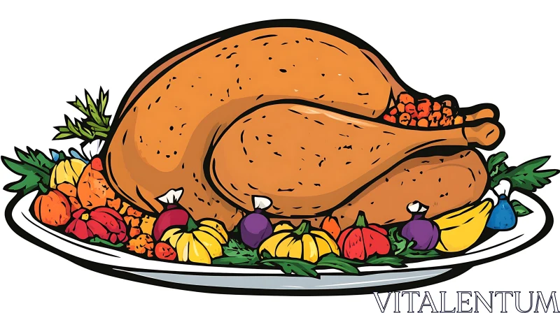 Cartoon Turkey Feast for Thanksgiving AI Image