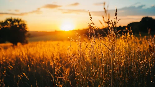 Warm Sunset Over a Grassy Field