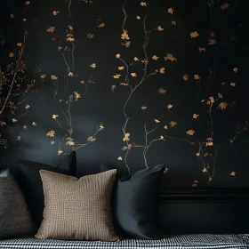 Gold Floral Design on Dark Wall