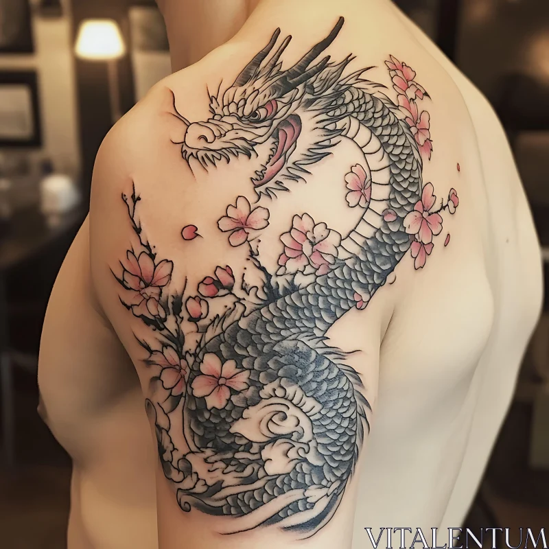 Dragon and Floral Shoulder Tattoo AI Image