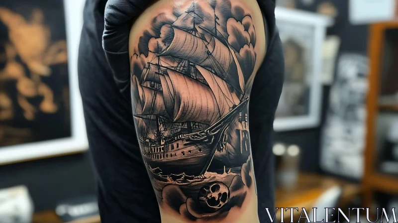 AI ART Ship and Skull Tattoo Design