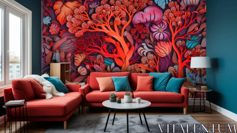 Bright Living Room with Vibrant Mural AI Image