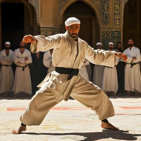 Man Practicing Karate in Oriental Setting