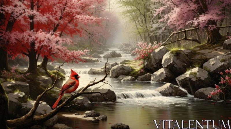 Cardinal Watching Waterfall: A Tranquil Scene Painting AI Image