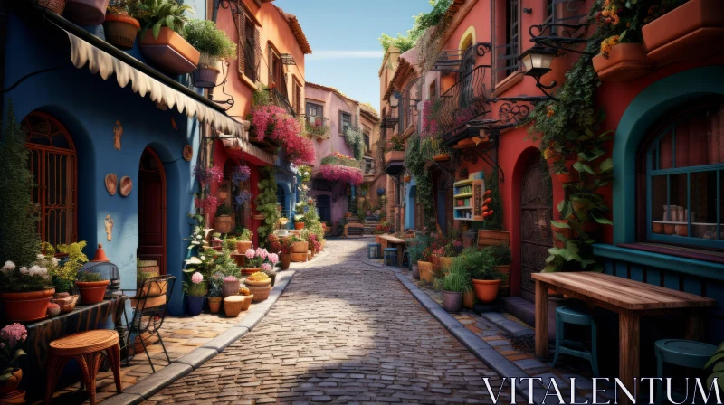 Colorful Street with Floral Accents and Terracotta Shades AI Image