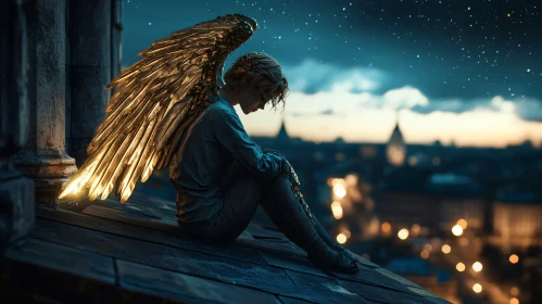 Pensive Angel Overlooking City Lights