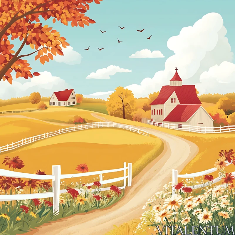 Scenic Autumn Farm Illustration AI Image