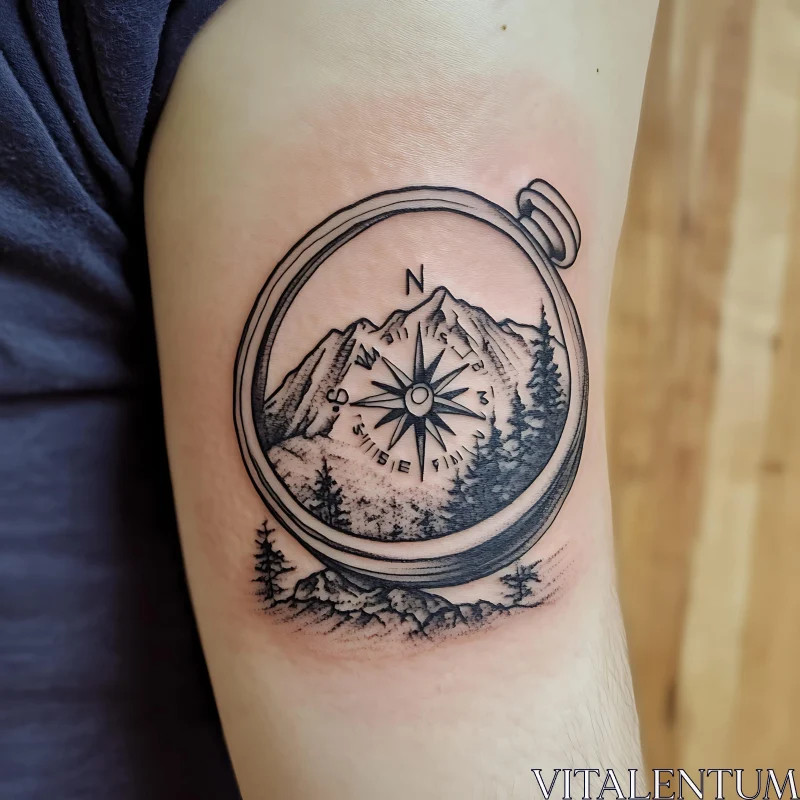 Compass and Mountain Scene Arm Tattoo AI Image