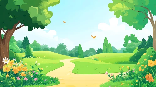 Scenic Cartoon Meadow with Birds