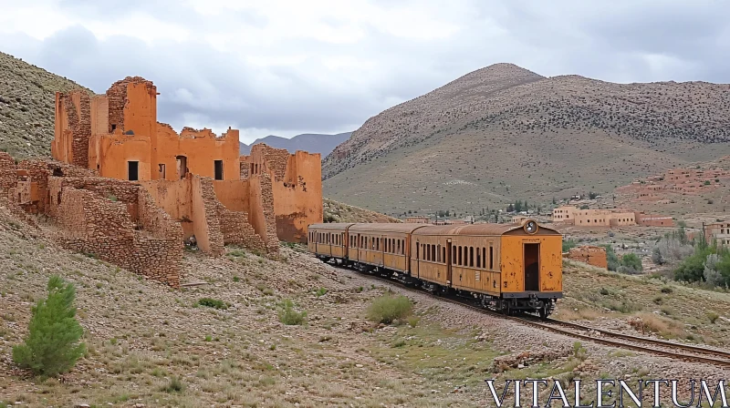 Old Train Passing Historical Ruins AI Image