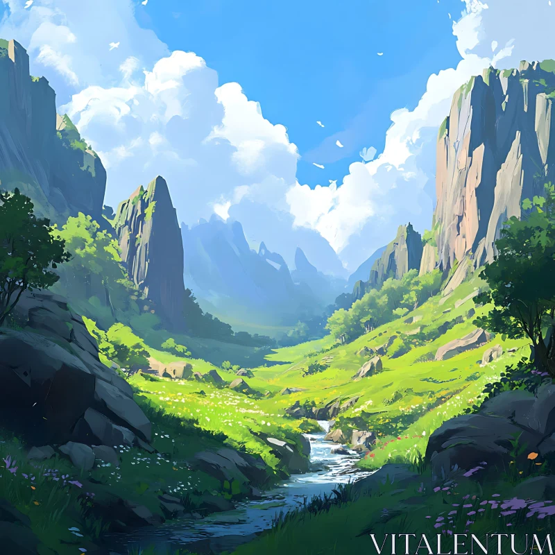 Green Valley and Mountains Landscape Art AI Image