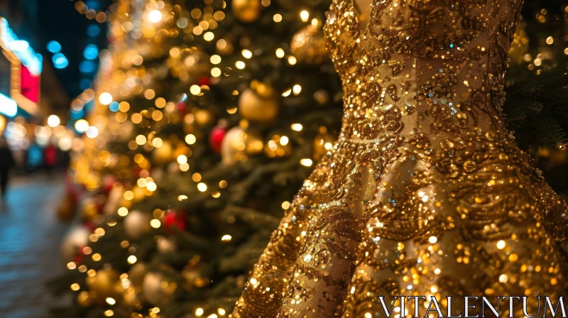 Glamorous Golden Dress Hanging Against Festive Christmas Tree AI Image