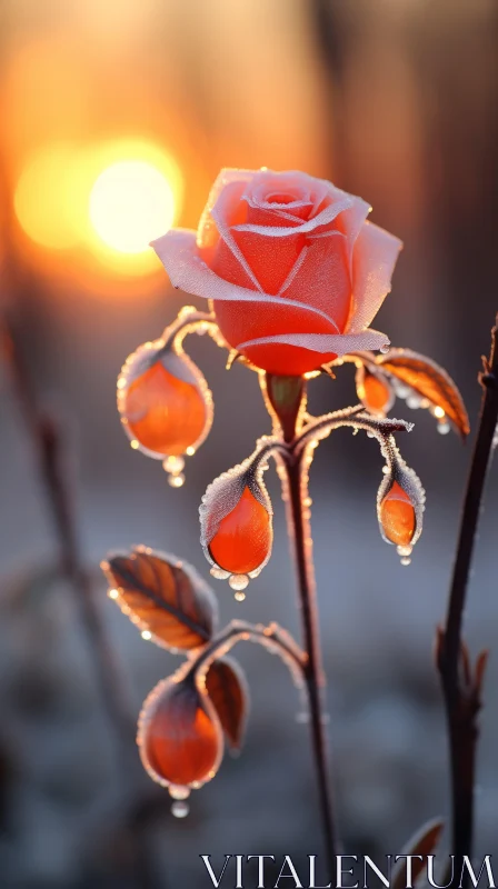 Pink Rose with Dew Drops at Sunset - Romantic and Detached Scenery AI Image
