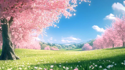 Blossoming Cherry Trees on Green Field