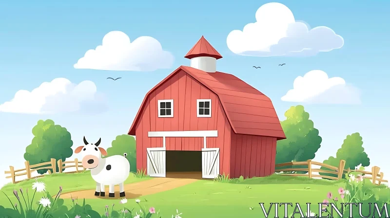 Farm Scene with Cow and Barn AI Image