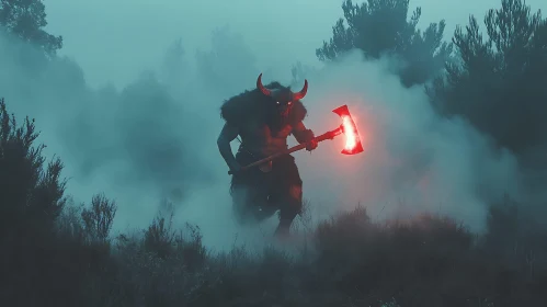 Horned Demon in Fog with Glowing Axe