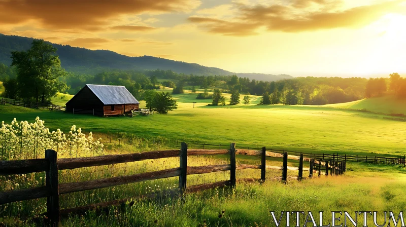 Golden Field with Barn View AI Image