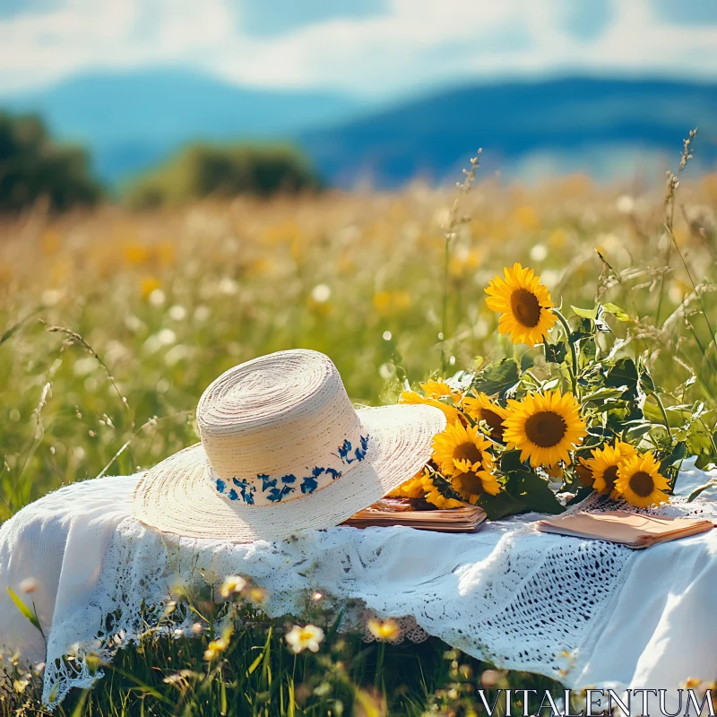 AI ART Summer Still Life with Sunflowers and Hat