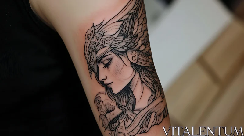 Detailed Arm Tattoo of Helmeted Figure AI Image