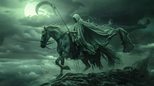 Hooded Rider with Scythe in the Night